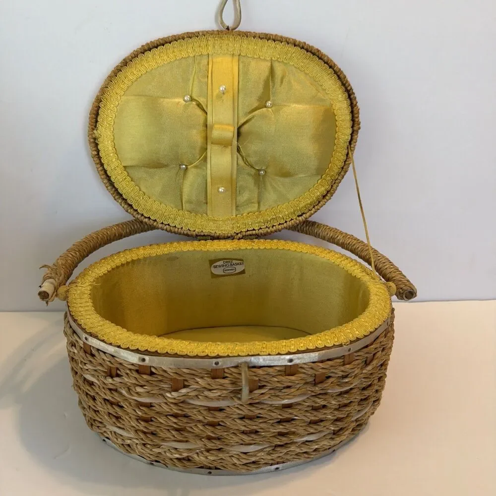 Dritz Sewing Basket Oval Woven Wicker Scovill Yellow Interior w Handle Vintage